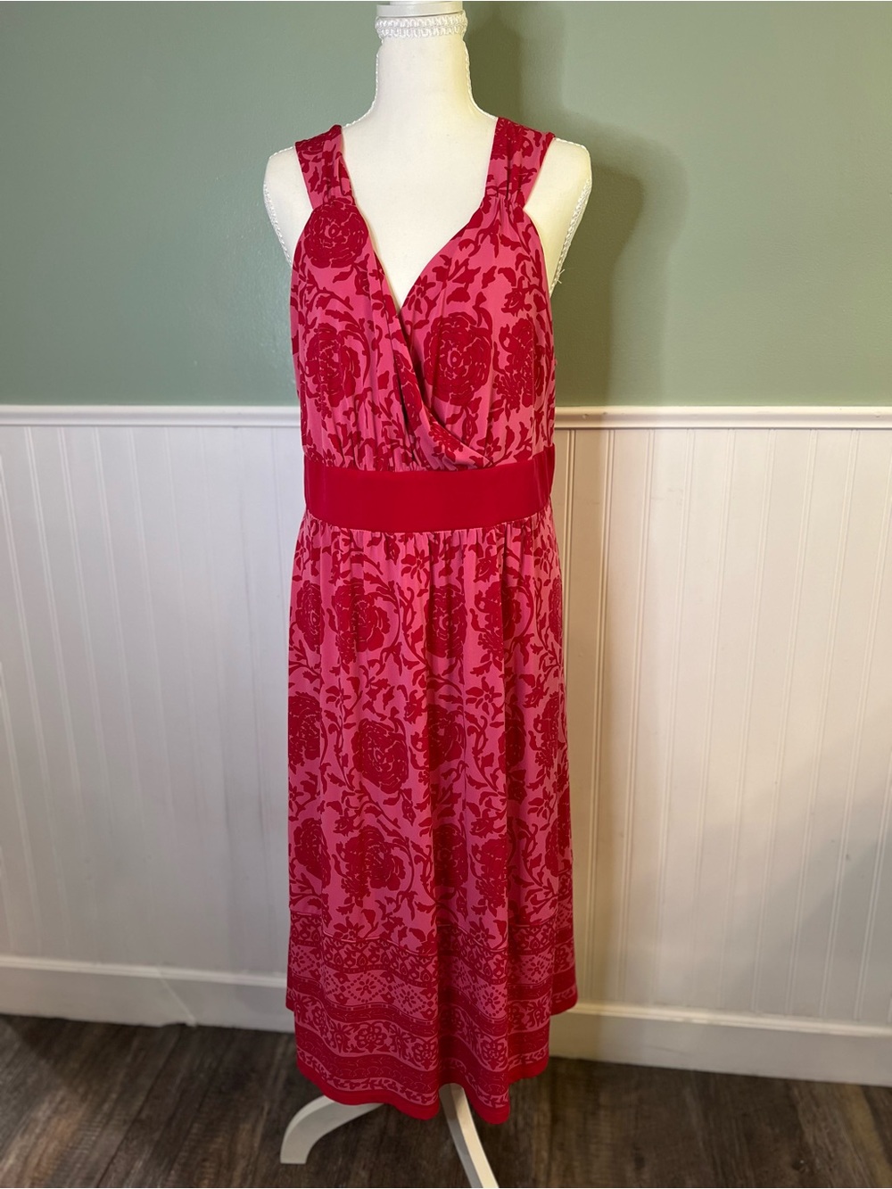Michael Kors Red & Pink Floral Wrap Smocked Back Midi Dress.size 1X